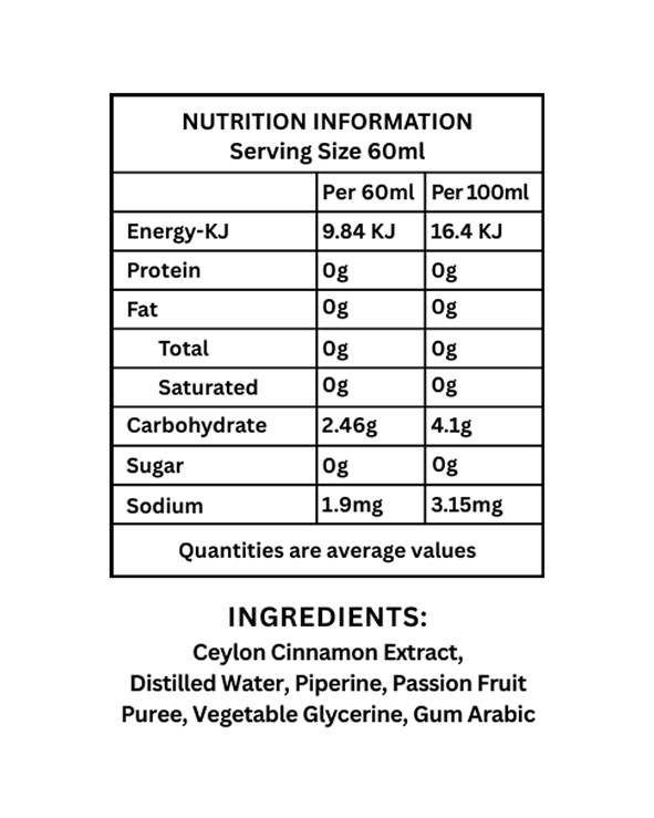 Nutrientes de Shot de Canela y Maracuyá